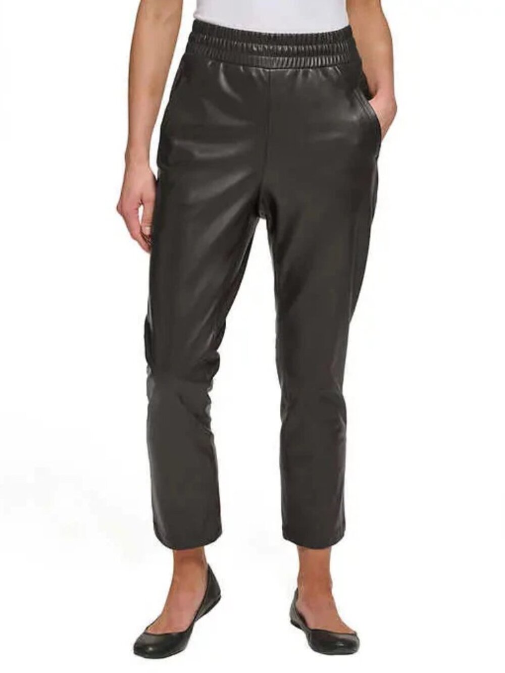 DKNY Ladies' Faux Leather Pull-On Pant, Black, Large